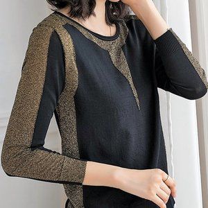 Eye-Catching Colour-Block Crew-Neck Semi-Sheer Black & Gold Sweater - Size S